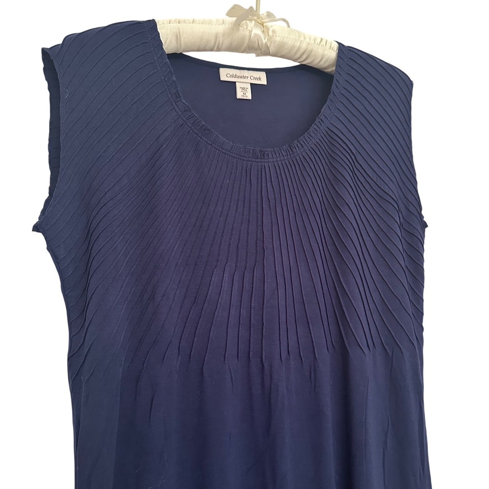 Coldwater Creek Navy Blue Pleat Detail Knit Dress Sleeveless M 10/12 Comfy New - Picture 3 of 9